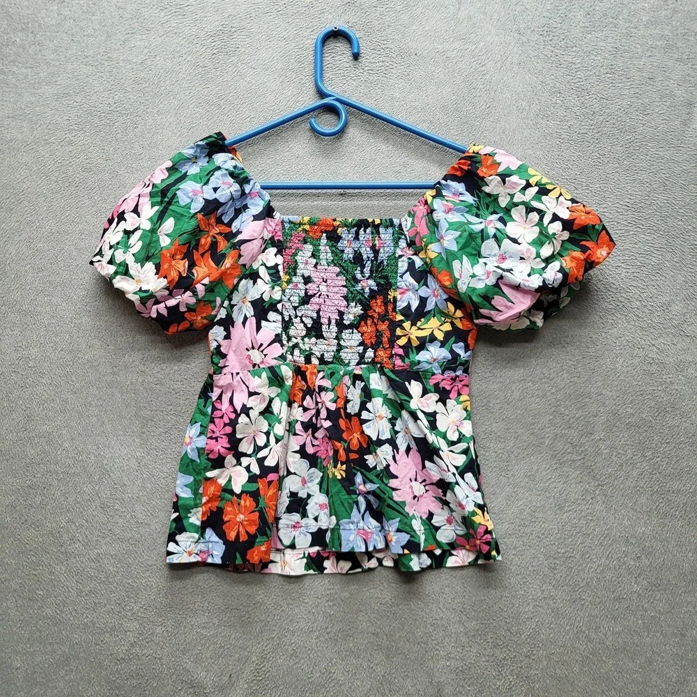 Old Navy‎ Women Blouse M Multicolor Floral Smocking Pullover Waist Defined